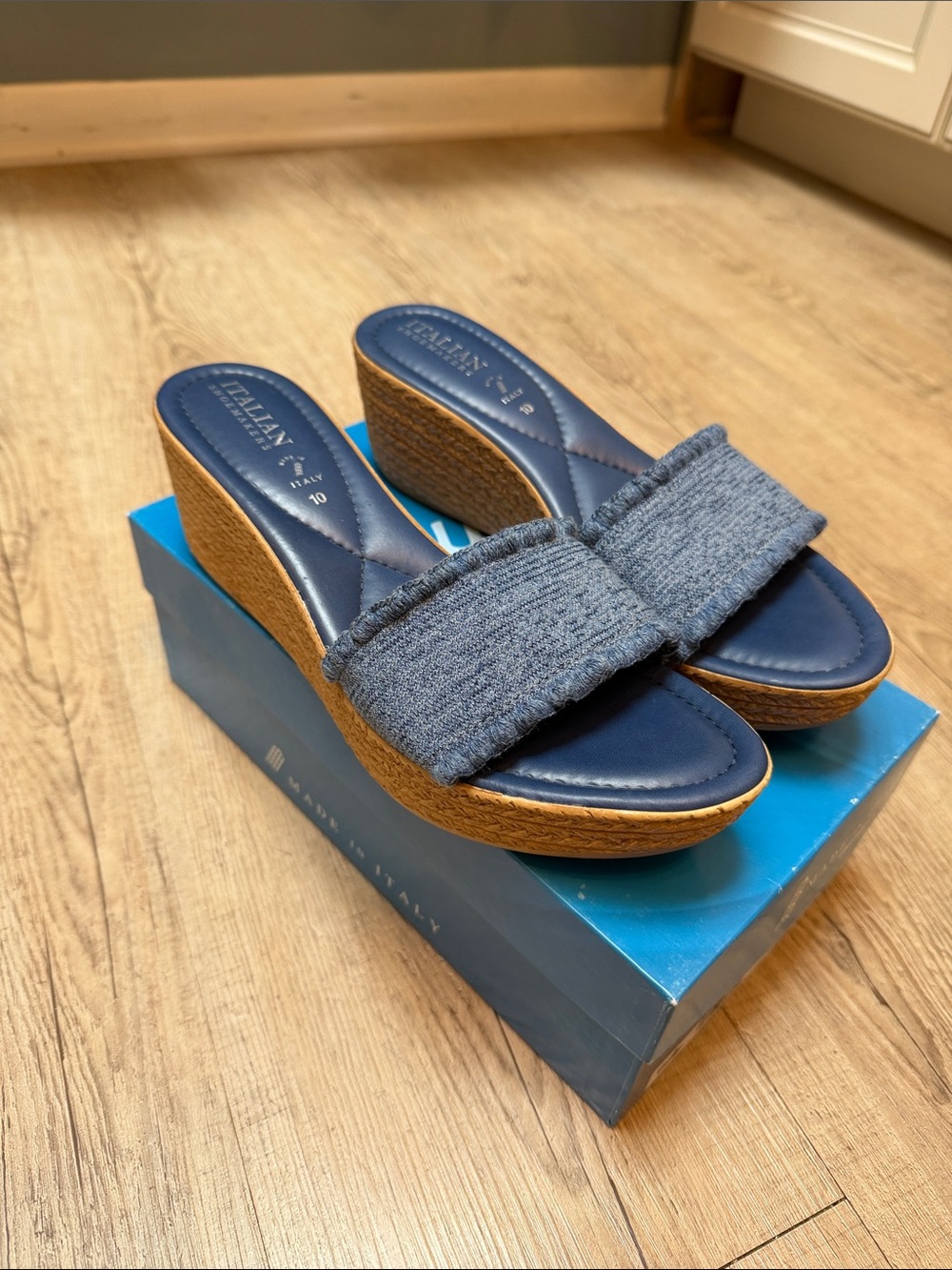 Italian Shoemakers Navy Denim-Style Wedge Slide Sandals